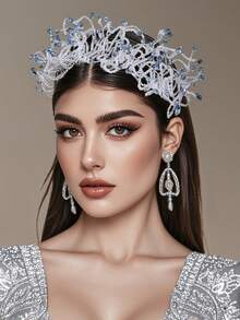 1pc Contrast Color Headband, Elegant Lady's Hair Hoop, Faux Crystal Beaded Hair Hoop, Fashion Hair Accessory, Bridal Headpiece, Wedding Party & Ball Decor, Bridal Accessories, Women's Accessory, Decorative Hair Accessory, Personalized Hair Accessory, Spring/Summer Hair Decor - Silver - View 2