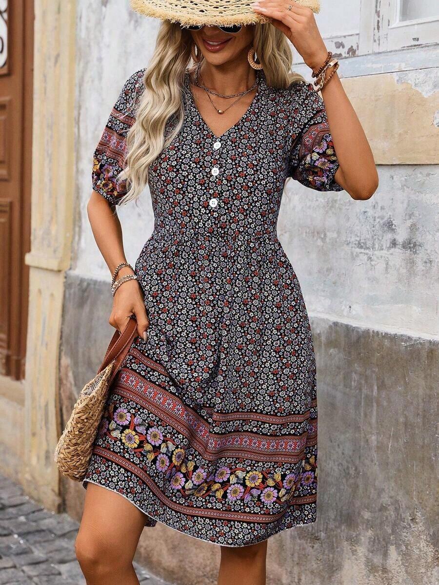 Vestido casual con botones y estampado floral, atuendo de playa y vacaciones para mujeres - Negro - Ver 1
