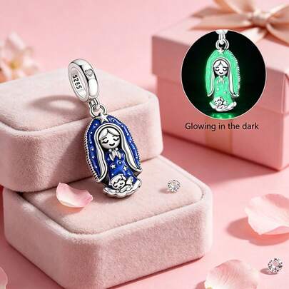 Dije de la Virgen de Guadalupe | Cuentas plateadas que brillan en la oscuridad | Dije religioso DIY para pulsera, collar, regalo de Navidad para creyentes
