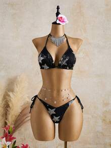 Mistrie Summer Beach Glitter Stars Pattern Halter Bikini Top - Black - View 2