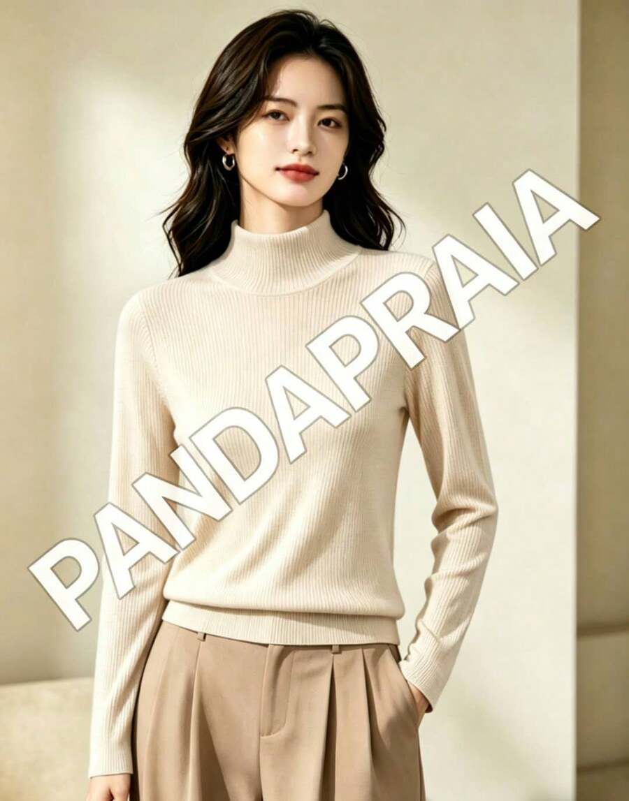 Women's Thermal Fleece Blouse, Ribbed High Neck, Winter Long Sleeve - Beige - View 1