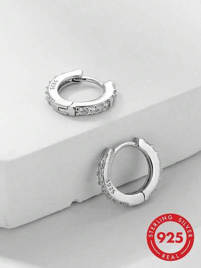 HuooNew 1pair Fashionable 925 Sterling Silver Small Circle Stud Earrings With Micro InlaidZirconia, Unisex Gift