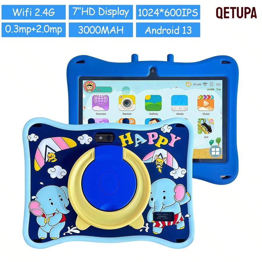 Qetupa Tableta para niños de 7 pulgadas, Android 13, 2GB RAM+32GB ROM, pantalla táctil IPS de 1024*600, batería de 3000mAh, cámaras duales de 0.3MP+2.0MP, WiFi 802.11b 2.4G, tableta con control parental, funda protectora portátil - Azul - Ver 1