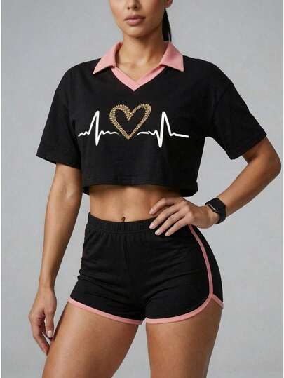 Conjunto Deportivo de Verano para Mujer con Estampado de Frecuencia Cardíaca, Algodón Bicolor, Ajustado para Gimnasio y Uso Casual