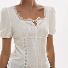 Women's Solid Color Knotted Casual Versatile Daily Wear Short Sleeve Shirt,Summer Top - Café integral - Ver 4