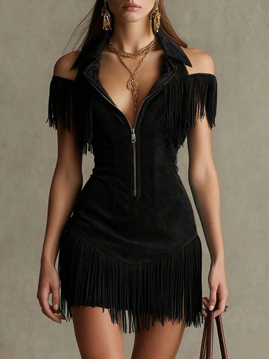 2026 Retro Suede Fringed Off-The-Shoulder Dress Western Style Hottie Waist Skirt - 黑色 - 查看 1