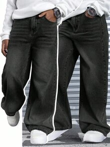 Boys' Casual Straight-Leg Denim Jeans, Versatile Street Style - Black - View 1