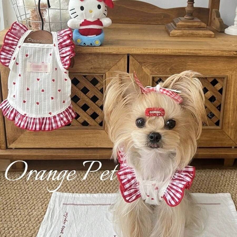 犬 洋服 ペット とてもかわいいいワンピース！フレッシュでキュートな小型犬用花柄ワンピース（テディ、ビション、ポメラニアンなどに）春夏に向けてけ - ハート型デザイン - パフスリーブ [薄手スタイル] - チェックする 1