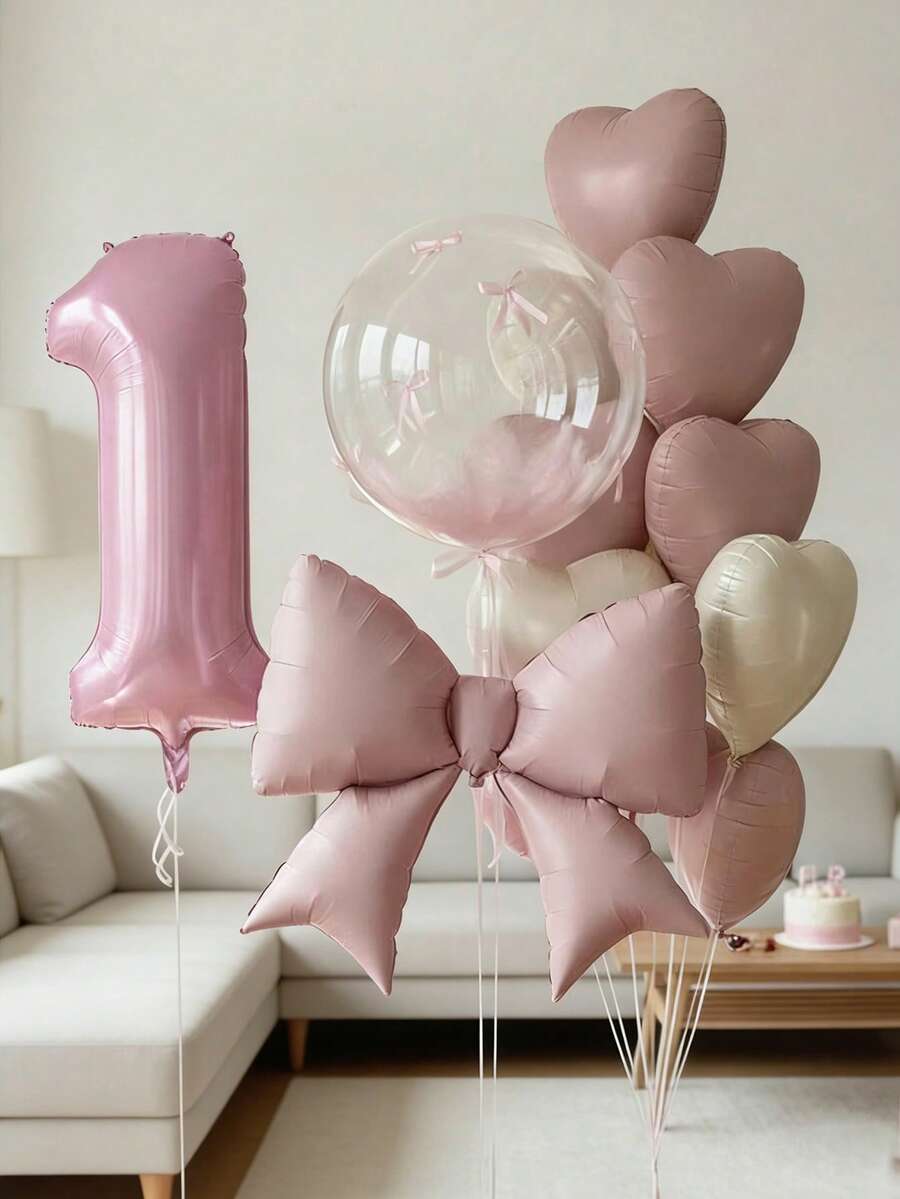 Bộ 15 món trang trí sinh nhật màu hồng, gồm bóng bay số 0-9 màu hồng 127cm, bóng bay bong bóng trong suốt 45cm, bóng bay nơ màu hồng mờ, bóng bay hình trái tim màu hồng và kem 30cm. Thích hợp cho tiệc sinh nhật, tiệc mừng em bé, sinh nhật công chúa, ngày Valentine, kỷ niệm, trang trí phòng, trang trí tiệc sinh nhật bé gái. - Nhiều màu - Xem 1