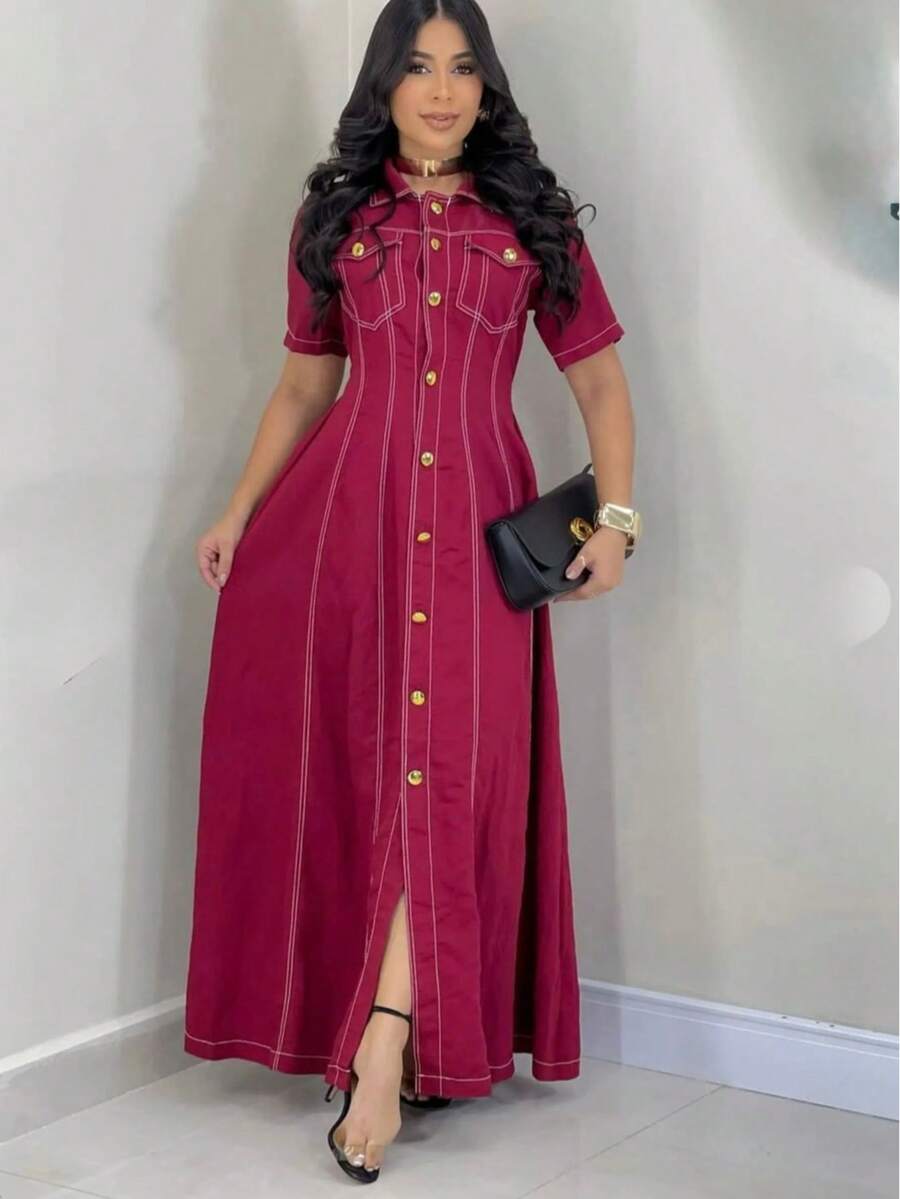 Women's Elegant Midi Dress With Gold Buttons, Shirt Collar, Short Sleeves, Solid Navy Blue, Fitted Waist, Vintage Style - 瑪薩拉酒 - 查看 1