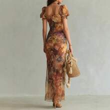 Women's Elegant Floral Chiffon Long Dress With Short Sleeves And Slit Hem Boho Fitted Maxi - trái cam - Xem 3