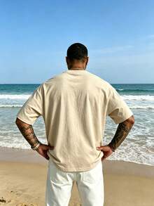Plus Size Men's California Palm Tree Print T-Shirt, American Vintage Casual Beach Holiday Loose Short Sleeve Top - Apricot - View 3