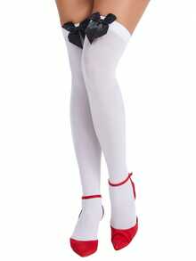 Black Bow Minimalist Thigh High Socks, Skin-Friendly Soft Breathable - White - View 3