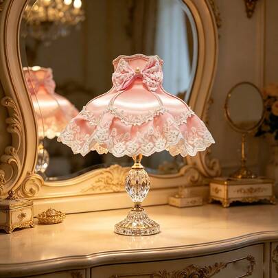 Handmade Pink Satin Bow Lolita Lampshade, Sweet Lace Ruffle Lamp Cover, Handmade Cottagecore Home Decor, Lampshade Only