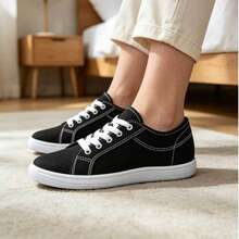 Fashionable Wide Canvas Sneakers, Soft And Comfortable, Casual Shoes For Students - Black and White - View 14