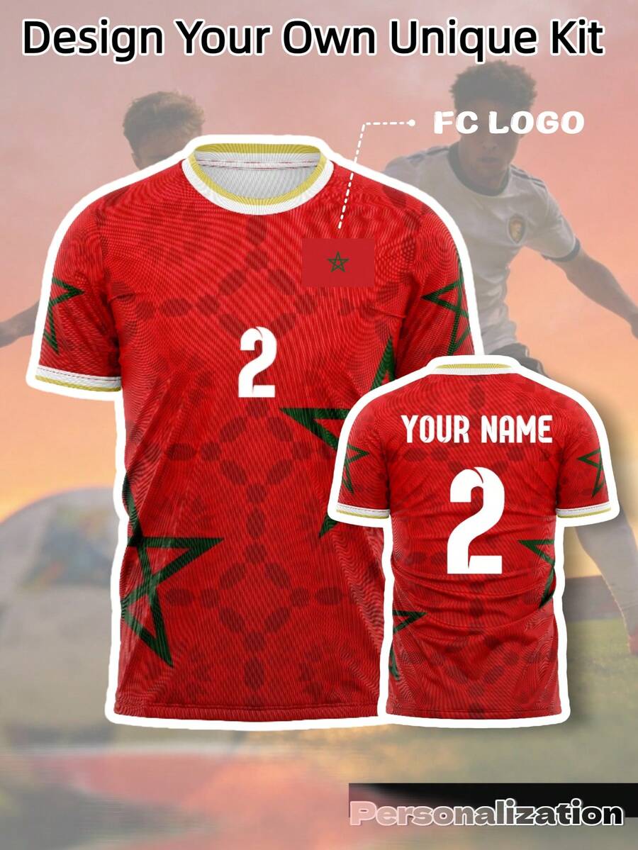 Customized Men's Morocco Red Football Jersey With Custom Name And Number, Moisture-Wicking Quick-Dry Training Shirt For Football Sports - Red - View 1