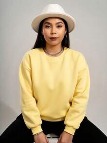 Women's 100% Cotton Casual Plain Crew Neck Warm Comfortable Fleece Long Sleeve Minimalist Winter Sweatshirt - Màu vàng - Xem 1