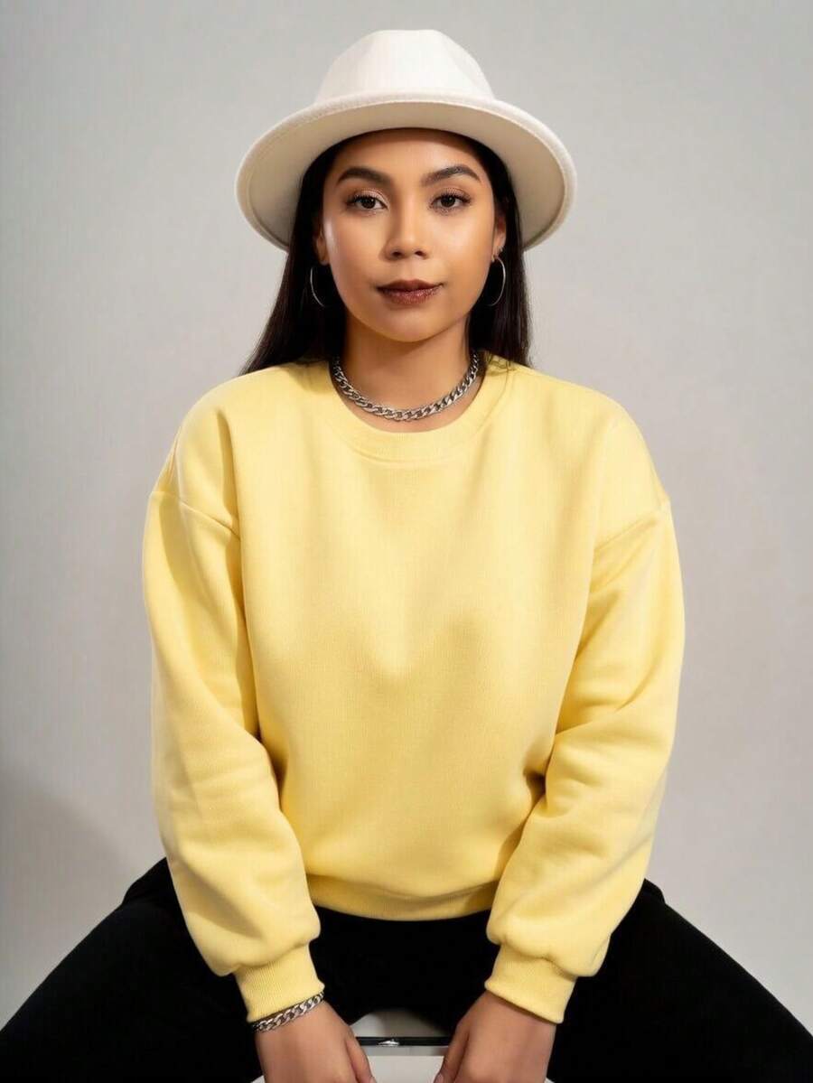 Women's 100% Cotton Casual Plain Crew Neck Warm Comfortable Fleece Long Sleeve Minimalist Winter Sweatshirt - Màu vàng - Xem 1
