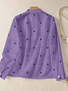 Camisa de mujer de manga larga con botones y bolsillos, con estampado romántico de corazones, adecuada para otoño, invierno y primavera, color blanco - Morado - Ver 3