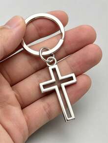 1pc Classic Basic Cross Keychain, Fashionable Men's Punk Style Car Pendant, Unisex, Minimalist Design - Silver - View 2