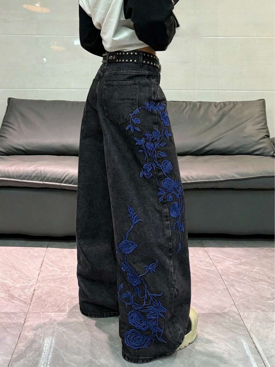 1件韓系街頭風女款刺繡寬腿牛仔褲，寬鬆舒適四季皆宜長褲（不含腰帶/配件）