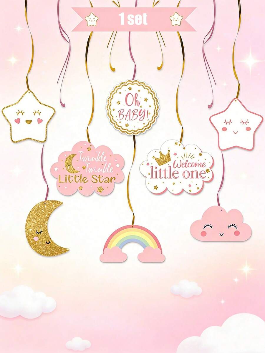 16件套 - 粉色闪亮星星派对装饰 - 闪亮云朵、星星和月亮装饰 - 男女皆宜。非常适合宝宝满月庆祝、一周岁生日、儿童节、性别揭晓派对、迎婴派对和其他庆祝活动。 - 彩色 - 查看 1