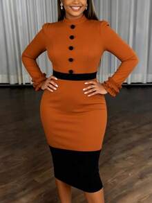 Women's Contrast Color Fitted Mid-Length Dress With High Collar, Front Button, Ruffle Hem, Long Sleeve, Suitable For Daily Work Wear - Brown - View 2