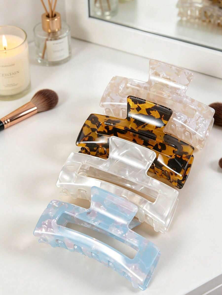 4pcs Amber White Acetate Checkerboard Contrast Square Hair Clips, Elegant High-End Suitable For Balls, Parties, Tea Ceremonies, Women Hair Accessories Summer Beach Claw Clips Vacay Hair Claws - Multicolor - View 1