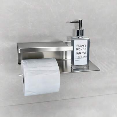 CINEYO 1pc Stainless Steel Bathroom Tissue Paper Holder, Double Layer Wall Mounted With Towel Bar, Various Styles, Bathroom Accessories, Self-Adhesive Or Load-Bearing Installation, Wall-Mounted Toilet Paper Holder, Suitable For Bathroom, Tent, Tissue Holder, Can Hold Phone, Detergent, Perfume, Toilet Paper