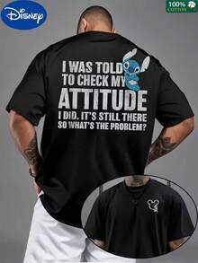 Disney Collaboration,Disney's "Lilo & Stitch" "Someone Told Me To Change My Attitude" Funny Print Men's T-Shirt, 100% Cotton Oversized Black T-Shirt, Retro And Playful Stitch Casual Top,Mother's Day,Father's Day,4th Of July - 黑色 - 查看 1