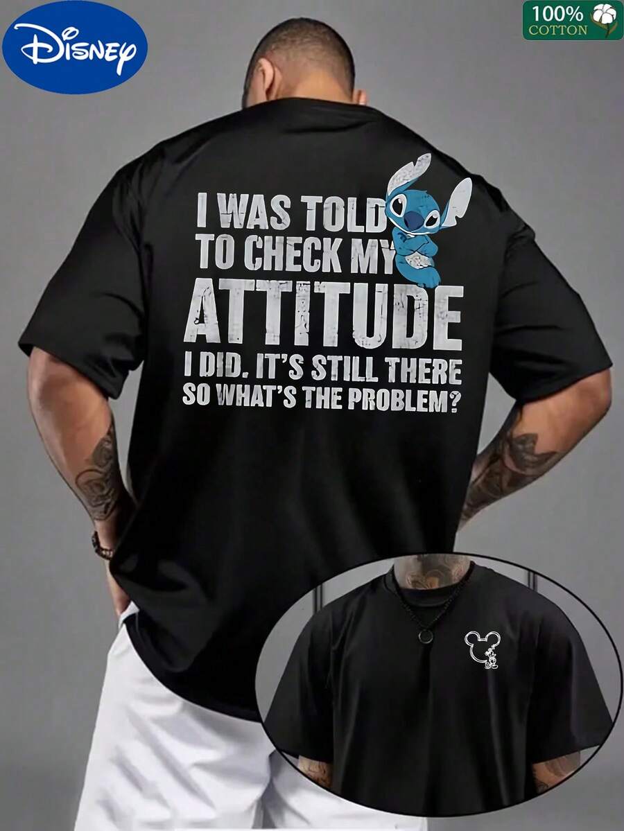 Disney Collaboration,Disney's "Lilo & Stitch" "Someone Told Me To Change My Attitude" Funny Print Men's T-Shirt, 100% Cotton Oversized Black T-Shirt, Retro And Playful Stitch Casual Top,Mother's Day,Father's Day,4th Of July - 黑色 - 查看 1