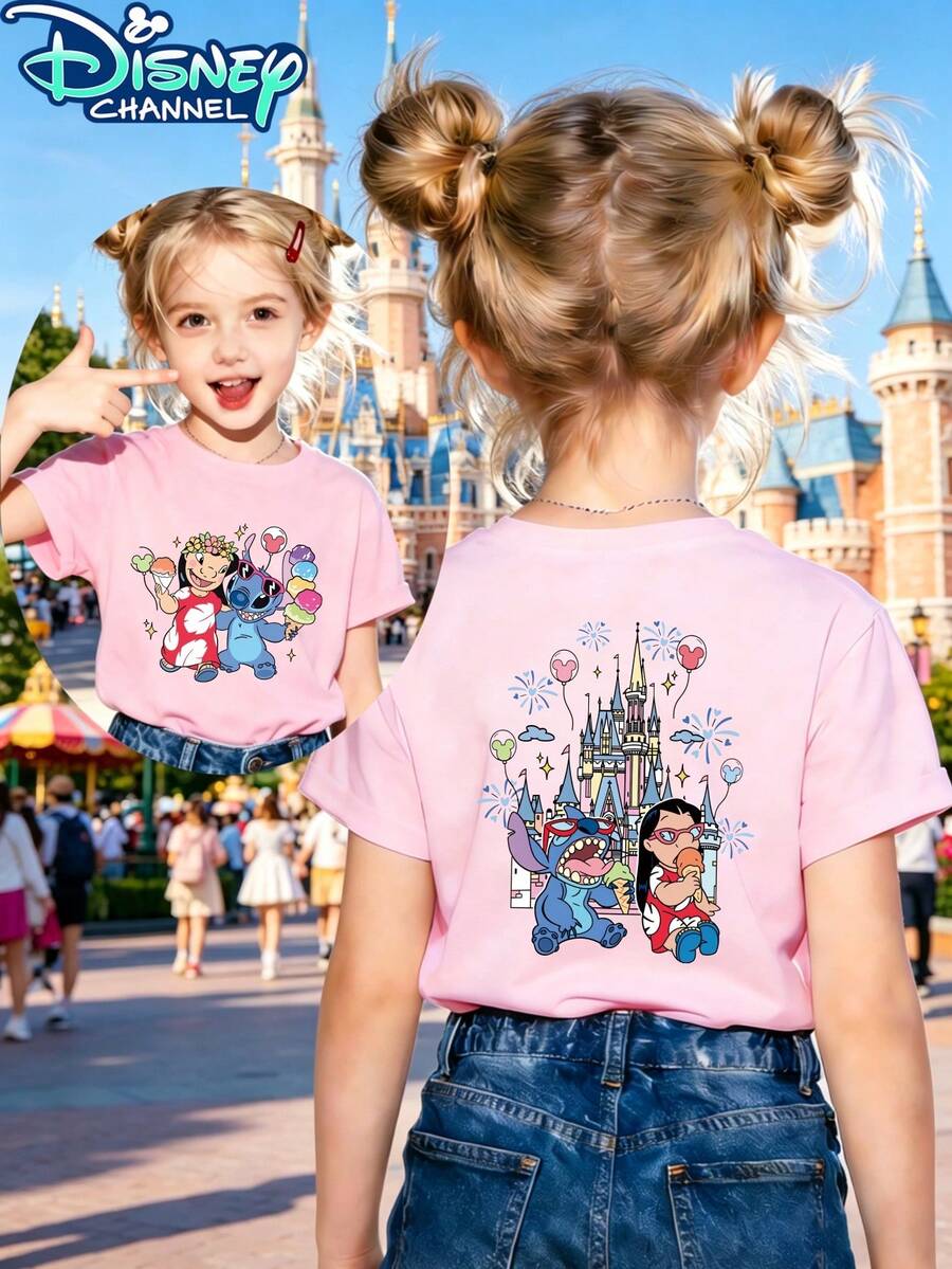 Stitch And Lilo Castle Disney Fresh And Fashionable Round Neck T Shirt For Girls Made Of 100 Cotton Is An Ideal Choice For Daily Wear Vacation Leisure Outdoor Exploration School Life And Shopping Trips It Is A Must Have Item For Summer It Is Also An Excellent Gift For The Same Boy And Girl Every Child Deserves One - Hồng - Xem 1