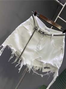 White Fringed Irregular Denim Half-Length Skirt For Women With Exposed Holes And Exposed Pockets, Preventing Accidental Exposure Of The Body. - trắng - Xem 3