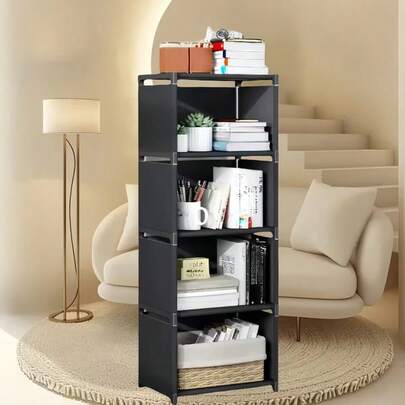 1 pieza Estantería sencilla, para uso doméstico/estudiantil, opción de color negro o blanco, estantería de oficina de escritorio, estantería de almacenamiento para casa de alquiler, estantería de mesita de noche para dormitorio, estantería de pie para almacenamiento