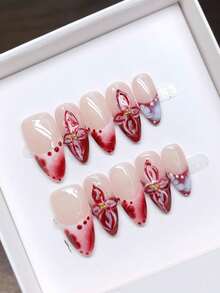 纯手工制作可佩戴美甲贴片，杏仁形。手工绘制个性化3D立体美甲，高品质优雅简约设计，全覆盖式雾霾夏日风，Y2K风格美甲，独特小众创意假指甲，日常美甲，可爱现代风格美甲，适合日常佩戴，可拆卸。 - 彩色 - 查看 5