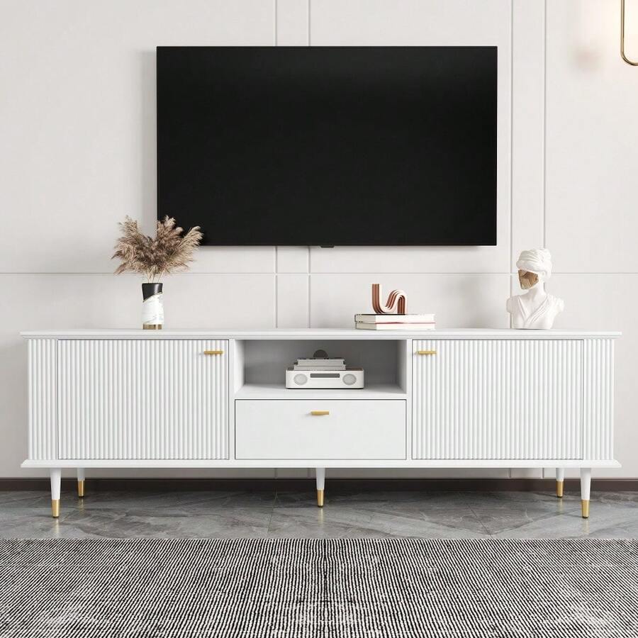 TV Unit With Open Compartments And Drawers, Textured Lacquered Surface, Soft-Close Hinges. - White - View 1