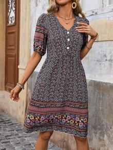 Vestido casual con botones y estampado floral, atuendo de playa y vacaciones para mujeres - Negro - Ver 3