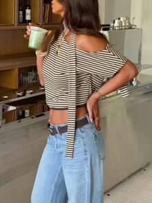 Women's Striped Off-Shoulder Cropped Top | Lace-Up High Neck Design - Multicolor - View 3