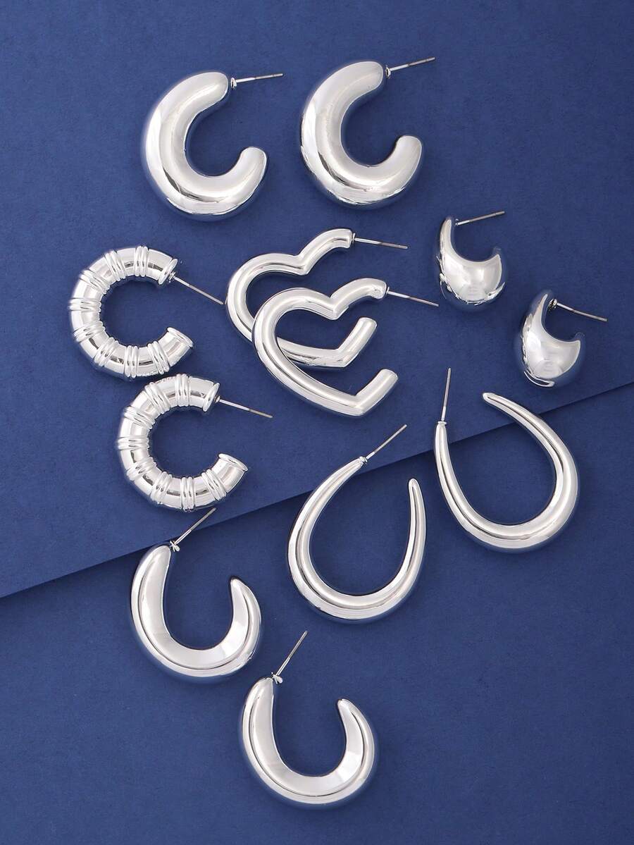 12对银色金属C形/心形/螺旋形耳环套装，小众简约风格耳环，百搭日常佩戴，适合女性 - 銀色 - 查看 1
