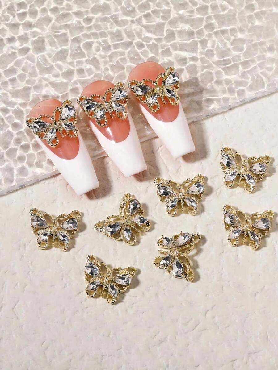 10Pcs 3D Rhinestone Butterfly Design Nail Art Decoration Diy Nail Charms Nail Gems Nail Supplies Nails - Gold - View 1