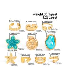 Set de 10 anillos con diseño de tema oceánico en tono dorado, diseñados para mujeres, con gruesas anillos de estrella de mar y conchas de color azul-verde, con estilo bohemio y de playa de moda - Dorado - Ver 7
