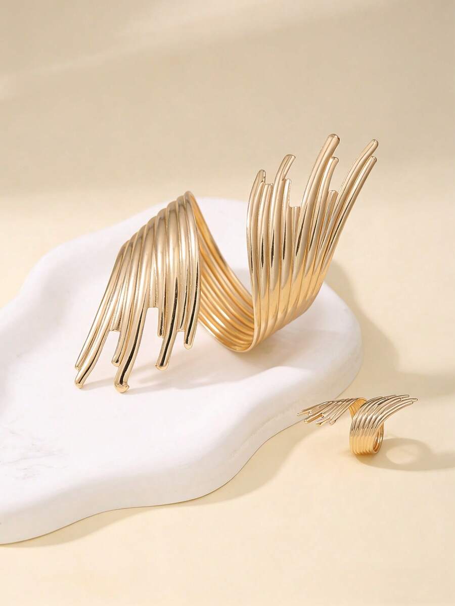 2pcs Gold Line Bangle Set, Elegant Open Design, Suitable For Daily Wear And Dates, Fashionable Jewelry Gift For Women - Gold - View 1