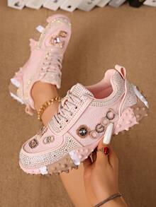 Women's Thick Sole Rhinestone Embellished Chunky Sneakers, Spring/Autumn New Breathable Mesh Bling Unique Design Elevator Shoes For Petite, Fashionable Casual Sports - Pink - View 2