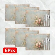 1 pieza/4 piezas/6 piezas/8 piezas Manteles individuales de lino con estampado floral vintage francés, adecuados para la mesa de comedor, decoración para todas las estaciones, manteles de mesa lavables modernos, decoración de habitaciones, posavasos, manteles de cocina y comedor, decoración de fiestas interiores y exteriores, decoración del hogar, regalo ideal - Multicolor - Ver 15