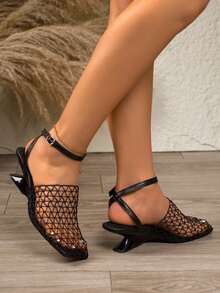 Women's Hollow Mesh Closed Toe Wedge Sandals, Breathable Ankle Strap Open Toe High Heels, Elegant Backless Stilettos, Comfortable Party Shoes - Black - View 5