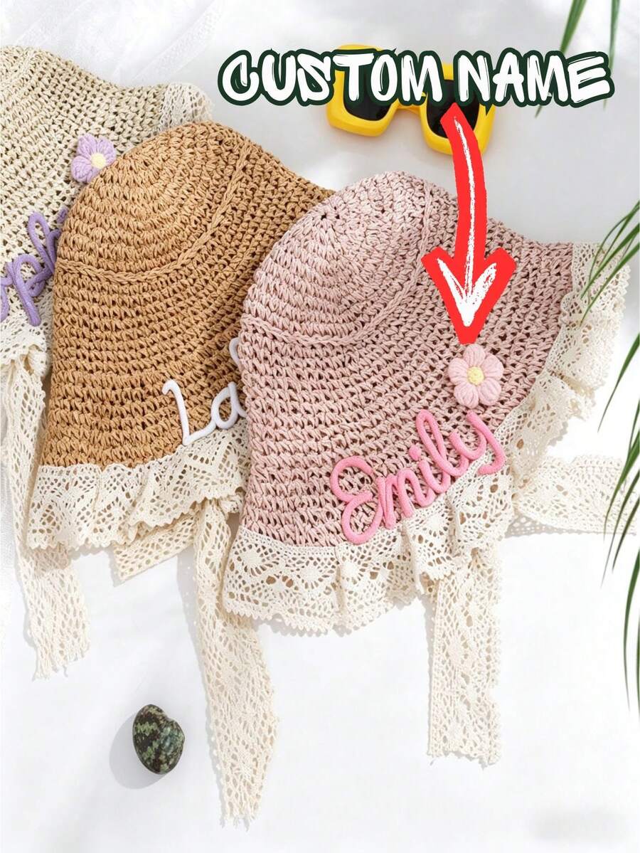 1 pièce Chapeau de soleil en paille personnalisé pour enfants , Chapeau de plage avec nom brodé personnalisé pour tout-petits et enfants , Accessoire d'été unique, Chapeau de soleil en paille pour bébé, Chapeau de plage pour tout-petit, Chapeau avec nom brodé personnalisé pour enfants et adultes, Chapeau de soleil personnalisé avec nom, Accessoire d'été - Multicolore - Voir 1