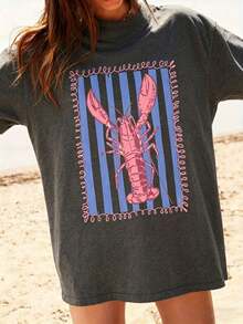 Graphic Women T‑Shirts,Women'S Pink Lobster And Blue Striped T-Shirt | White Casual Summer Beach Wear, Vertical Stripes And Wave Print, Pink Lobster D - 深灰色 - 查看 8