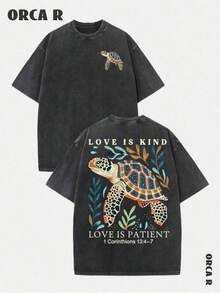2026 Summer Outfits For WomenStylish And Fashionable Men'S Vintage Washed Short-Sleeve T-Shirt, Comfortable And With A Loose Fit, Featuring A Turtle Design With The Phrase 'LOVE IS KIND LOVE IS PATIENT' From 1 Corinthians 13:4-7, Perfect For Casual Ings, TravelLoose And Comfortablesummer Tops - 黑色 1 - 查看 12