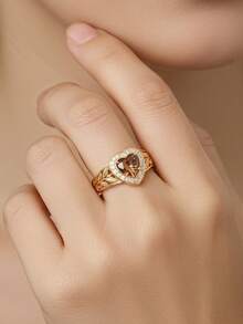 1 chiếc nhẫn hình trái tim dễ thương, đính đá Cubic Zirconia sáng bóng, nhẫn đồng thời trang dành cho nữ. - nhẫn hình trái tim - Xem 2