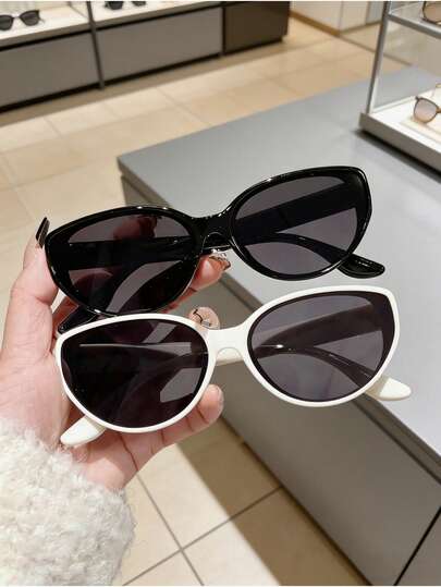 2 Pieces Of Women's Black And White Oval Fashion Glasses.Made Of High-End PC Material, Y2K Style Fashionable Glasses, Travel Fashion Glasses, Guyuan, Seasonal Selection, Women's Fashion Glasses, Summer Glasses, Suitable To Pair With Women's Sandals, Party Look, Beach Party, Street Style, Selfies, Holiday Essential.